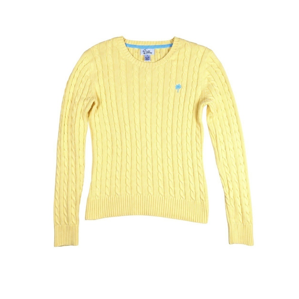 Lilly Pulitzer Cable Knit Sweater Womens Small Yellow Cotton Palm Tree Coastal